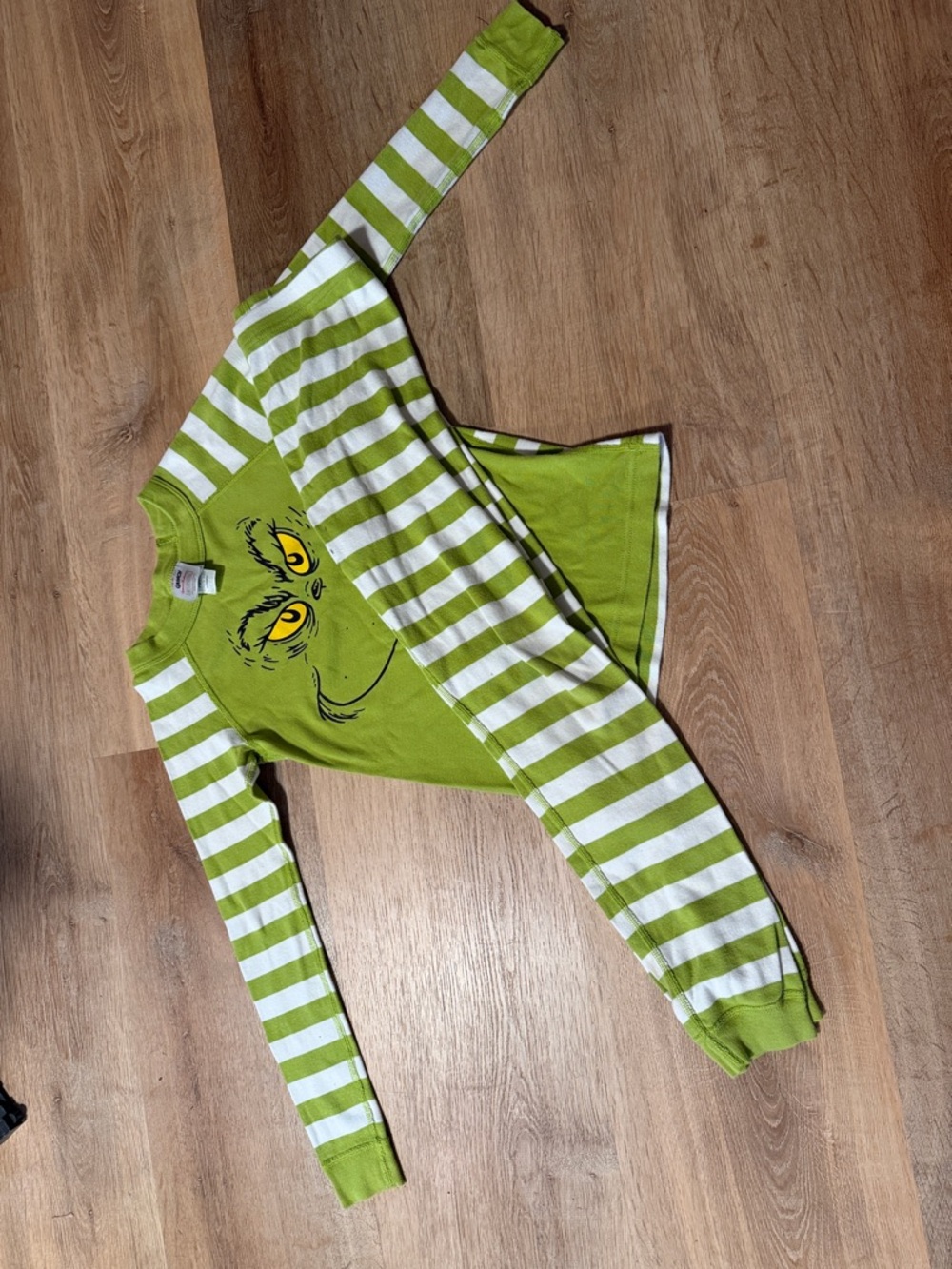 Hanna Andersson Lime Green Grinch Face Striped Sleeve Pajama Top